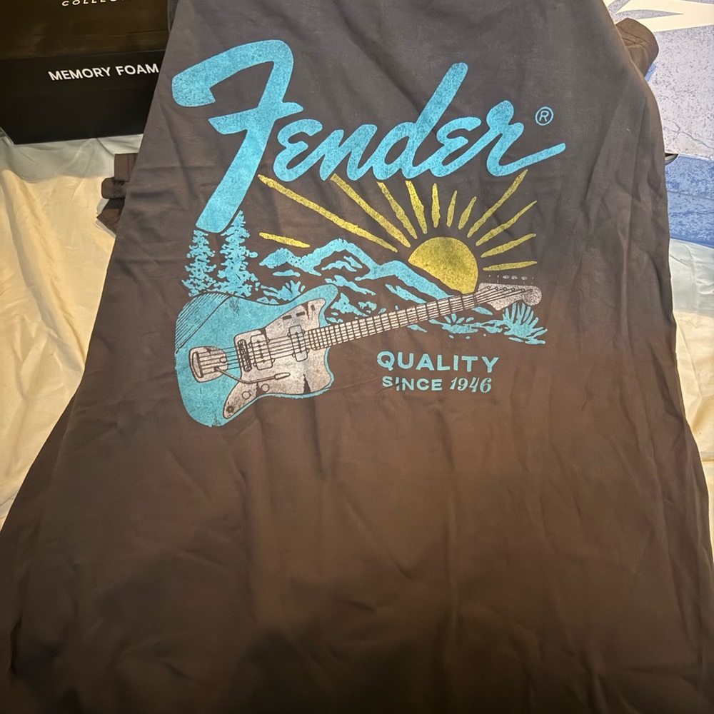 Fender Charcoal T-Shirt with Blue and Yellow Graphic